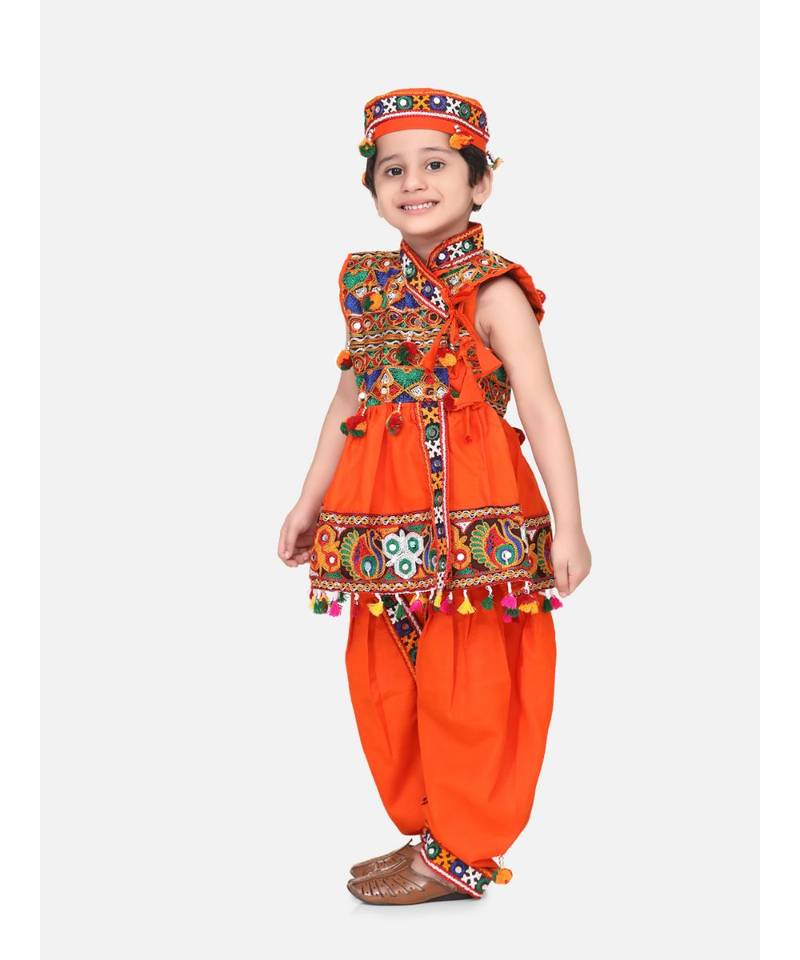 orange Embroidered Sleeveless Kedia Dhoti set