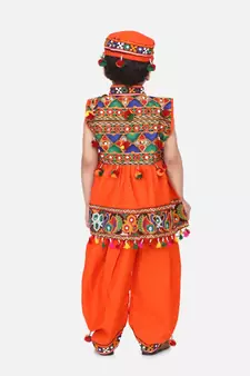 orange Embroidered Sleeveless Kedia Dhoti set