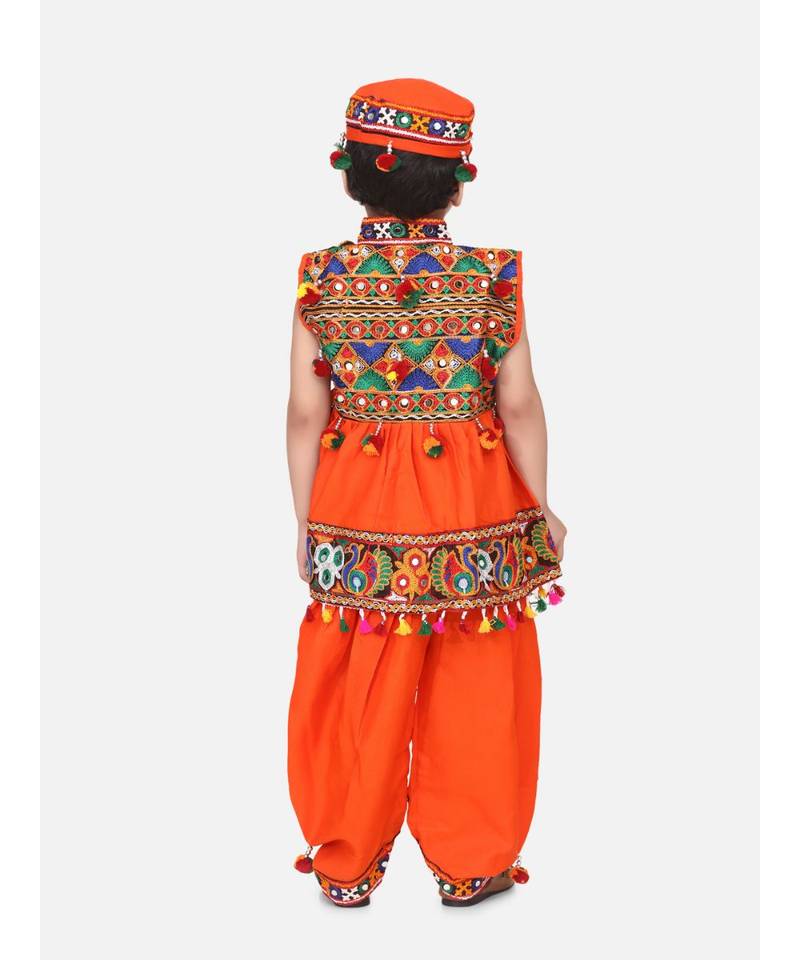 orange Embroidered Sleeveless Kedia Dhoti set