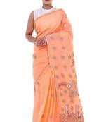 Lavangi Peach Embroidered Lucknow Chikan Cotton Saree with Blouse