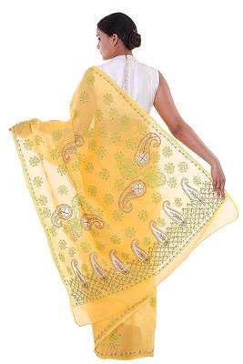Lavangi Yellow Embroidered Lucknow Chikan Cotton Saree with Blouse 2