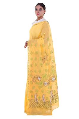 Lavangi Yellow Embroidered Lucknow Chikan Cotton Saree with Blouse 3