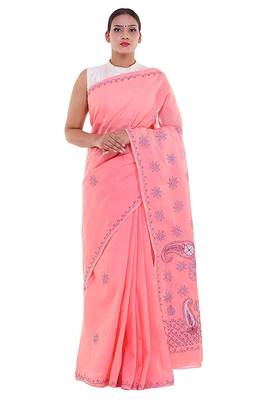 Lavangi Light Gajiri Embroidered Lucknow Chikan Cotton Saree with Blouse 1