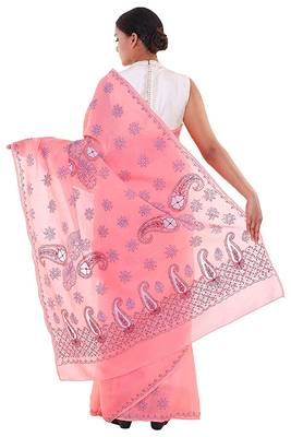 Lavangi Light Gajiri Embroidered Lucknow Chikan Cotton Saree with Blouse 2