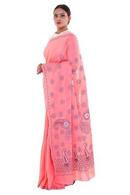 Lavangi Light Gajiri Embroidered Lucknow Chikan Cotton Saree with Blouse 3