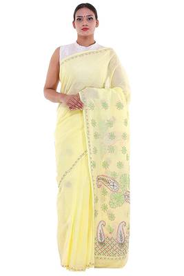 Lavangi Lemon Yellow Embroidered Lucknow Chikan Cotton Saree with Blouse 1