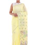 Lavangi Lemon Yellow Embroidered Lucknow Chikan Cotton Saree with Blouse