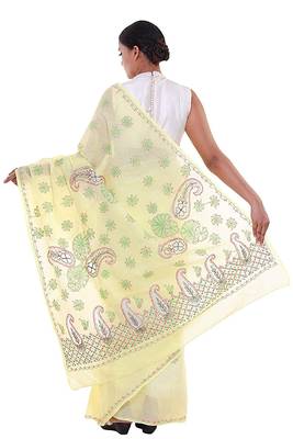 Lavangi Lemon Yellow Embroidered Lucknow Chikan Cotton Saree with Blouse 2