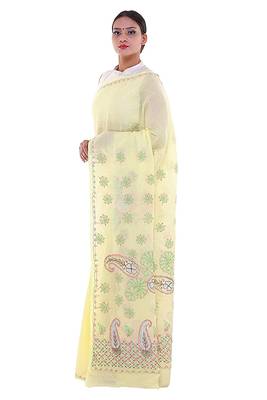 Lavangi Lemon Yellow Embroidered Lucknow Chikan Cotton Saree with Blouse 3