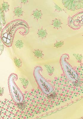 Lavangi Lemon Yellow Embroidered Lucknow Chikan Cotton Saree with Blouse 4