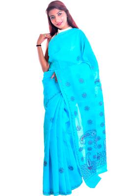 Lavangi Sky Blue Embroidered Lucknow Chikan Cotton Saree with Blouse 1