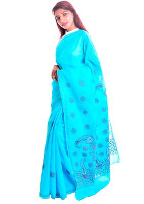 Lavangi Sky Blue Embroidered Lucknow Chikan Cotton Saree with Blouse 2