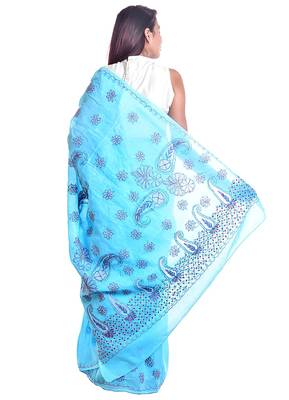Lavangi Sky Blue Embroidered Lucknow Chikan Cotton Saree with Blouse 3