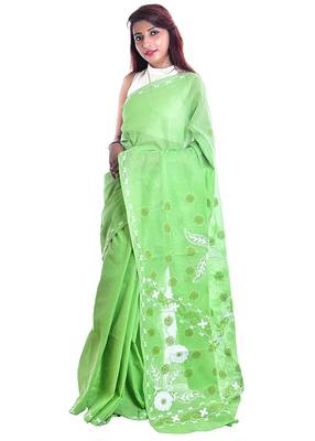 Lavangi Green Embroidered Lucknow Chikan Cotton Saree with Blouse 1