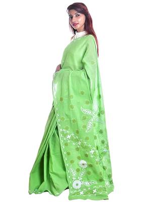 Lavangi Green Embroidered Lucknow Chikan Cotton Saree with Blouse 2