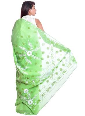 Lavangi Green Embroidered Lucknow Chikan Cotton Saree with Blouse 3
