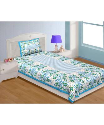 Single Bedsheet Pure Cotton firozi Border with Flower and Leaf Pattern 1