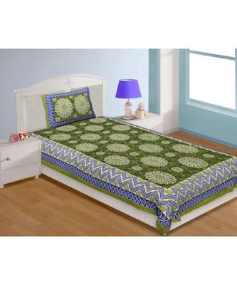 Single Bedsheet Pure Cotton Green Border Flower Print Zig Zag Pattern 1
