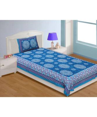 Single Bedsheet Pure Cotton Blue Firozi Border Flower Print Zig Zag Pattern 1