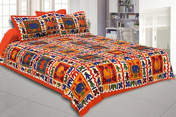 Orange Border Elephant Pattern Screen Print Double Bed Sheet 1