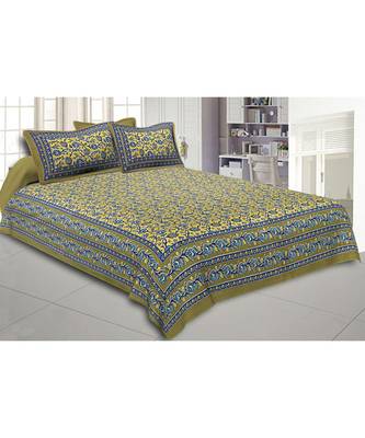 Double Bedsheet Olive Green Floral Bud Jaal Print With 2 Pillow Covers 1
