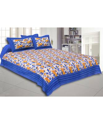 Blue Wavy Border and Floral Print Cotton Double Bed Sheet 1