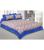 Blue Wavy Border and Floral Print Cotton Double Bed Sheet