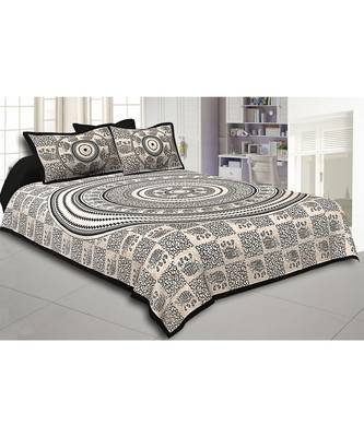 Black Border Cream Base Mandal With Elephant Print Super Fine Cotton Double Bed Sheet 1