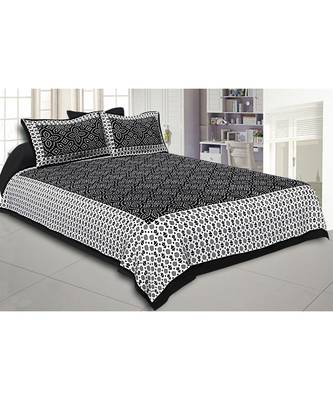 Black Border White Base Bandhej Pattern Screen Print Cotton Double Bed Sheet 1