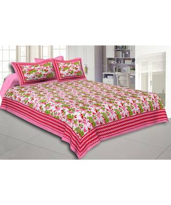 Pink Wavy Border and Floral Print Cotton Double Bed Sheet 1
