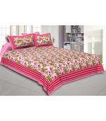 Pink Wavy Border and Floral Print Cotton Double Bed Sheet