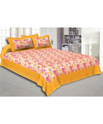 Yellow Wavy Border and Floral Print Cotton Double Bed Sheet 1