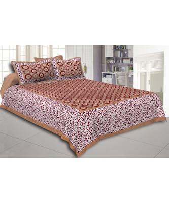 Brown Border White Base Circle Pattern Screen Print Cotton Double Bed Sheet 1