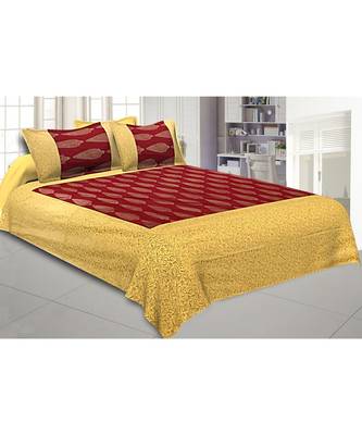 Patola BedSheet in Royal Maroon Base Cream Border Gold Print Kerry Pattern Super Fine Cotton with 2 pillow covers 1