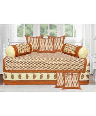 Orange Border Cream Base Small Tree Pattern With Golden Print Diwan Set 1