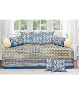 Blue Base Cream Flower With Golden Print Diwan Set 1