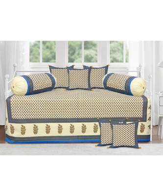 Firozi Border Cream Base Small Tree Pattern With Golden Print Diwan Set 1