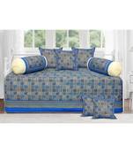 Blue Border Small Designer Checks Gold Print Diwan Set