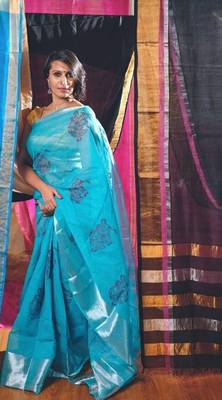 Blue Dancer Block Print Cotton Saree 1