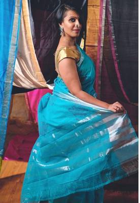 Blue Dancer Block Print Cotton Saree 2