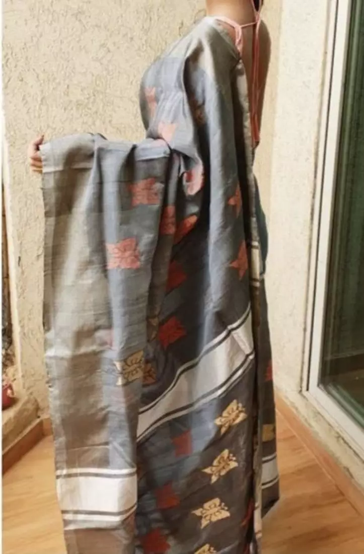 Butterfly Silk Designer Charcoal Grey Handwoven Saree