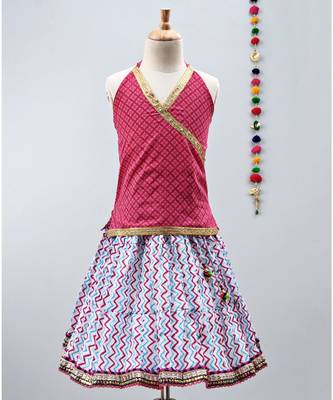 Pink and Blue cotton zigzag lehenga with  halter neck choli and golden lace 1