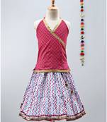Pink and Blue cotton zigzag lehenga with  halter neck choli and golden lace