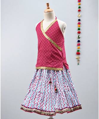 Pink and Blue cotton zigzag lehenga with  halter neck choli and golden lace 2
