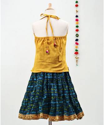 Green and Yellow cotton Lehenga with a Halter neck choli and a golden lace 3