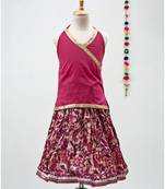 Pink cotton Paisley printed Lehenga with a halter neck choli and golden lace
