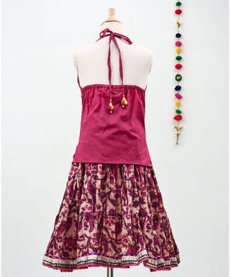 Pink cotton Paisley printed Lehenga with a halter neck choli and golden lace 3