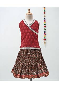 mahroon and red cotton Lehenga with a self print contrast halter neck choli and gota patti lace