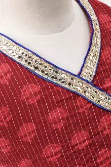 mahroon and red cotton Lehenga with a self print contrast halter neck choli and gota patti lace