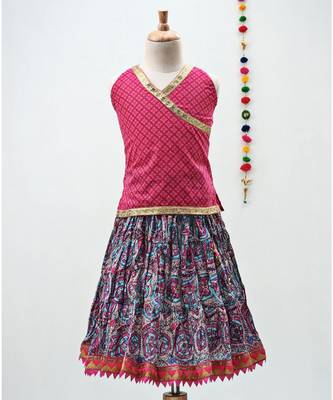 Pink and Blue cotton lehenga with a contrast self print halter neck choli and a golden lace 1
